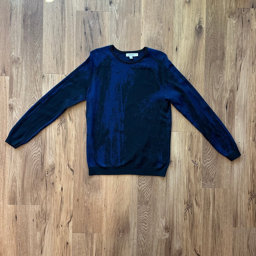 Calvin Klein Mens Abstract Brushstroke Crewneck Sweater Blue Black Size M - Picture 2 of 8